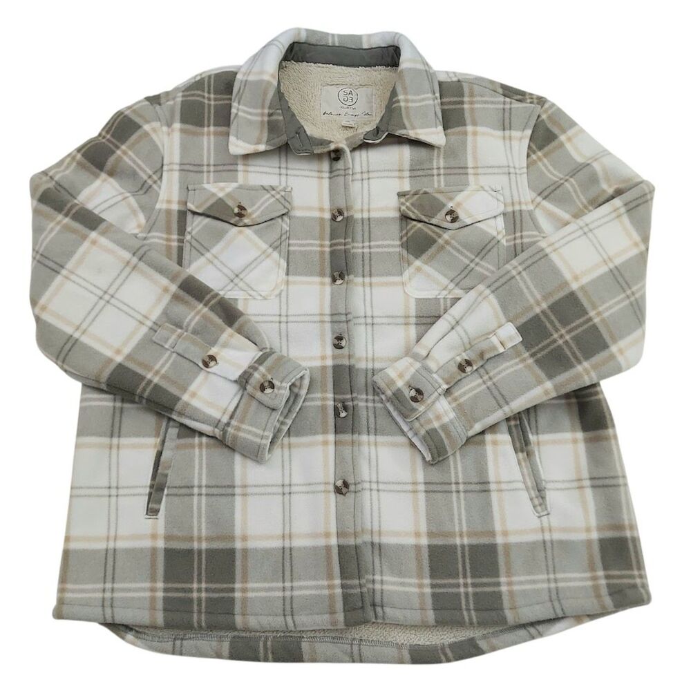 Sage Collective Plaid Sherpa Lined Shacket Womens Large Gray Beige Cozy Outdoor